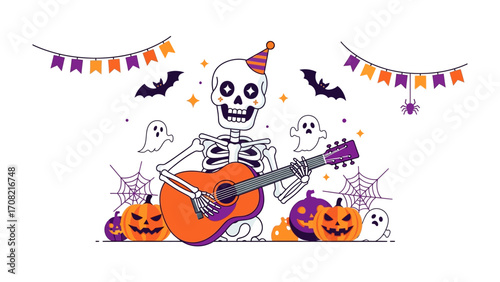 Spooky Musical Halloween: A spirited skeleton strums a guitar, surrounded by festive Halloween decorations, setting a joyful, spooky atmosphere.