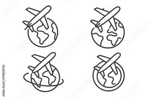 Airplane travel icon set. Global flight and international transportation concept. Thin line art collection of plane over planet earth icons. Editable stroke vector illustration.