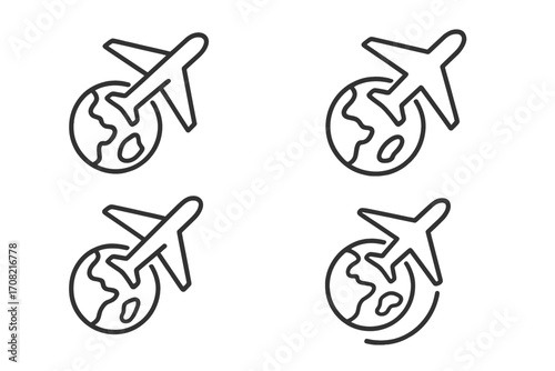 Airplane flying over planet Earth icon set. Global travel, worldwide journey and aviation concept. World trip and international flight symbols. Thin line vector with editable stroke.