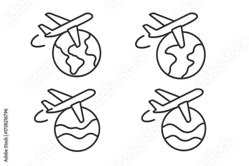 Airplane flying over planet earth. Global travel and flight icon set. World tour, international journey concept. Thin line vector illustration with editable stroke.