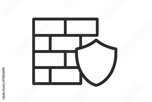 Security shield and brick wall line icon. Metaphor for firewall, safety, and defense. Outline vector graphic for data protection, privacy, and system security. Secure concept.