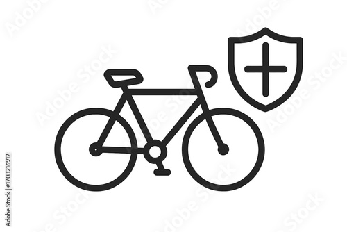 Bicycle insurance concept icon. Bike protection and safety symbol. Secure cycling metaphor. Velo warranty and repair service. Health care guarantee shield with plus sign.