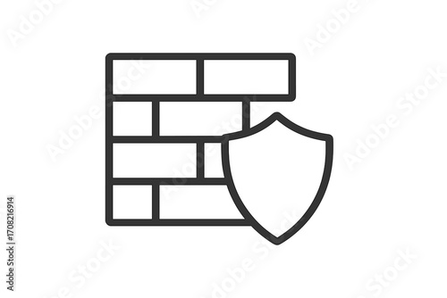 Firewall security icon with shield and brick wall. Metaphor for network protection, data privacy, and online safety. Secure system, defense, and antivirus concept. Vector outline.