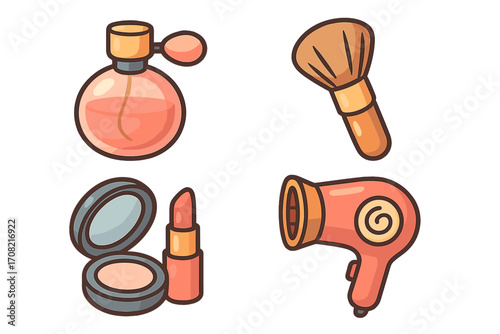 Beauty and cosmetics icon set. Vector cartoon illustration of makeup and salon items. Perfume, lipstick, powder, brush and hairdryer. Simple flat design for glamour concept.