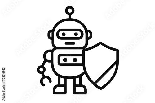 Robot with shield icon. Metaphor for cybersecurity, data protection, online safety. AI bot for digital defense, privacy guard, and antivirus concept. Vector illustration.