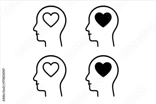 Head with heart icon set. Emotional intelligence, empathy, and love concept. Psychology and mental health symbol. Thinking with feelings. Vector line art profile silhouette.