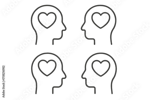 Heart in head icon set. Love, emotion and passion concept. Empathy, compassion and mental health symbol. Human head silhouette with heart. Psychology and relationship vector.