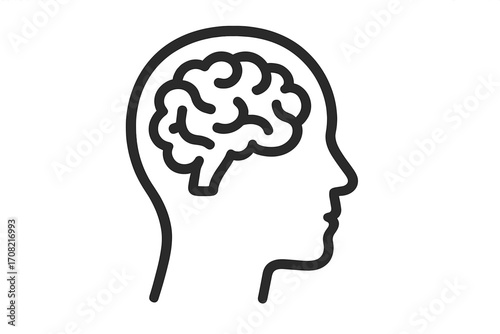 Brain in head line icon. Human mind, thinking process. Psychology, mental health concept. Symbol of intelligence, knowledge, idea, education, science. Vector logo design.