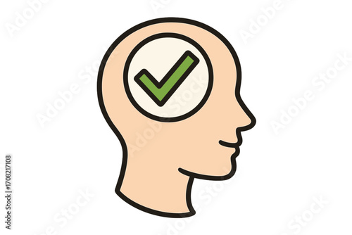 Positive thinking icon. Head with check mark. Concept of good mental health, solution, approval, success, correct choice. Psychology symbol. Healthy mindset vector.