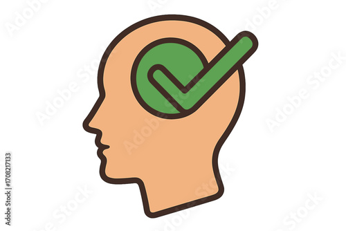 Positive mindset and mental health concept. Head silhouette with a green checkmark. Psychology, success, and approved solution. Correct thinking and problem solved vector icon.
