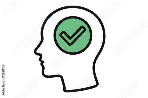 Positive thinking icon. Mental health and clarity concept. Head with checkmark symbolizes approval, success, and correct decisions. Psychology and wellbeing vector logo.