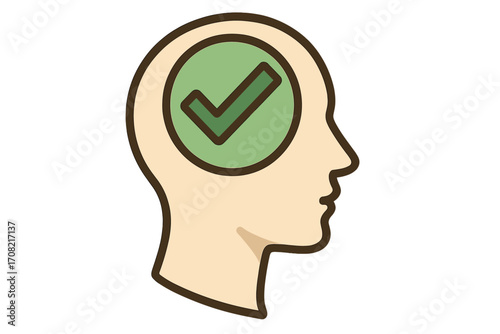 Head with checkmark icon. Positive thinking, mental health, clear mind concept. Correct solution, validation, approval symbol. Psychology, success, task completed, done idea.