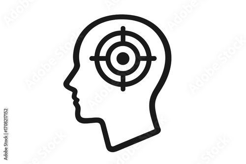 Target in human head icon. Marketing customer targeting. Psychology, mind focus, concentration, goal, aim concept. Mental health, headache, pain point metaphor vector.