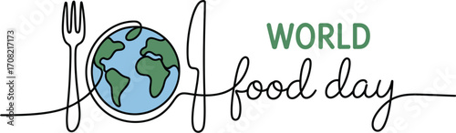 Global food awareness with a fork and knife surrounding the earth, celebrating World Food Day.