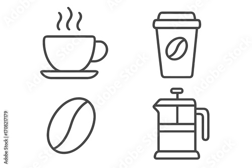 Coffee line icon set for cafe and restaurant menu. Vector outline symbols of hot drink mug, take away paper cup, bean and french press. Minimalist design elements for web.