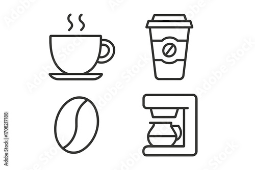 Coffee line icon set. Thin outline vector symbols. Hot drink cup, paper cup to go, coffee bean, filter coffee machine pictogram. For cafe menu, restaurant, app, web design.