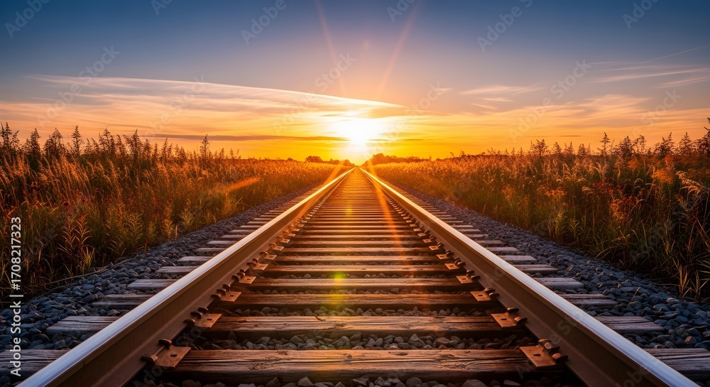Fototapeta premium Sunset Railroad Tracks Leading to Horizon.
