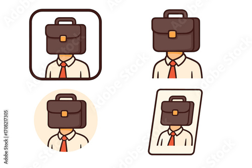 Vector icon set of a businessman with a briefcase for a head. Metaphor for a workaholic, corporate identity, and a business-first mindset. Dehumanization concept illustration.