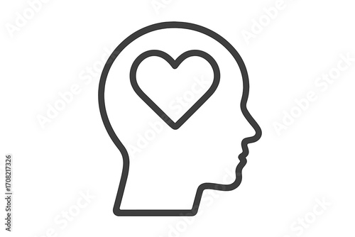 Head with heart inside line icon. Love, romance, passion concept. Human profile silhouette. Psychology, mental health, emotions, feelings. Empathy and emotional intelligence.