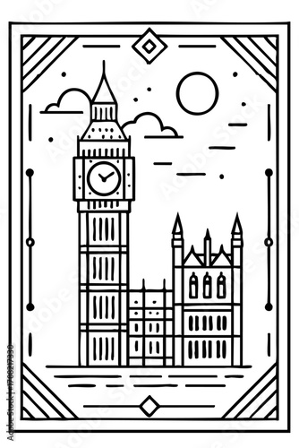 Elegant Vector Wallmate Illustration of Big Ben and Westminster in London with Minimalist Geometric Decorative Style for Modern Interior and Cultural Design