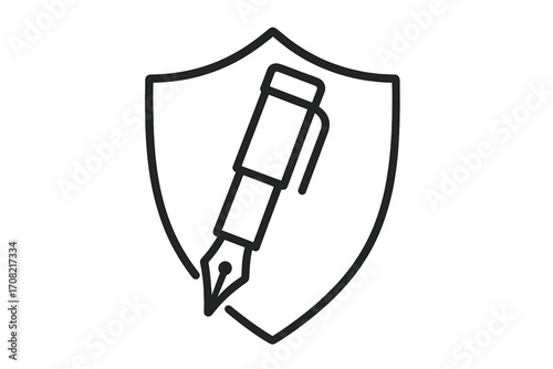 Fountain pen in shield icon. Copyright and intellectual property concept. Secure contract, legal document, and author rights protection. Data privacy and signature safety vector.