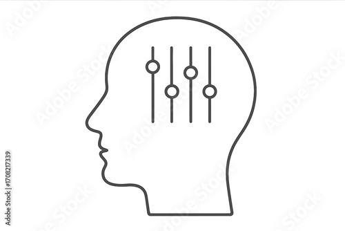 Mind control panel concept. Head with equalizer sliders. Mental health balance and mood regulation. Psychology and self-awareness icon. Mindset adjustment symbol vector.