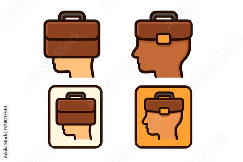 Business mindset metaphor with briefcase in human head. Concept for workaholic, corporate thinking, professional career, and job focus. Portfolio symbol. Business brain icon set.