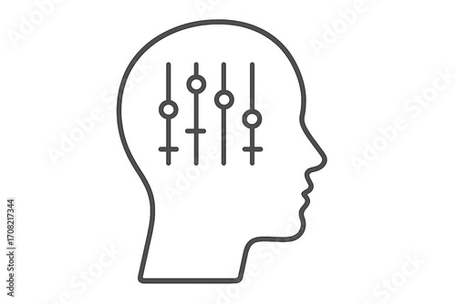 Concept of mental health and self-control. Head with equalizer sliders inside. Mind settings, mood regulation, and emotional balance. Psychology and mindset tuning vector icon.