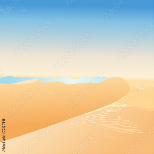 3D realistic sand dunes landscape with hills and hot summer terrain. Render of desert dune or beach with sandy texture and blue sunset sky.