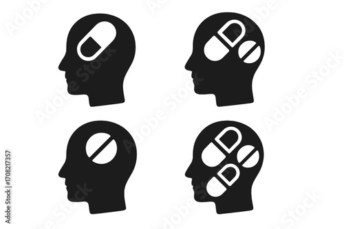 Medicine in mind. Head silhouette with pills and capsules. Concept for mental health, psychology, treatment, drug addiction, medication, vitamins, and pharmaceutical industry.