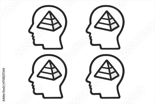 Maslow's hierarchy of needs pyramid in head. Psychology concept of human mind. Self-actualization, growth, potential. Business structure symbol. Mental health metaphor icon.