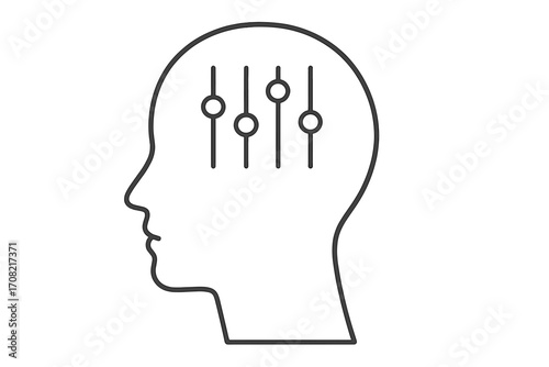 Mind control concept. Equalizer in head icon. Mood regulation, mental health balance. Psychology, mindset adjustment. Sound, music level settings. Thin line vector logo.