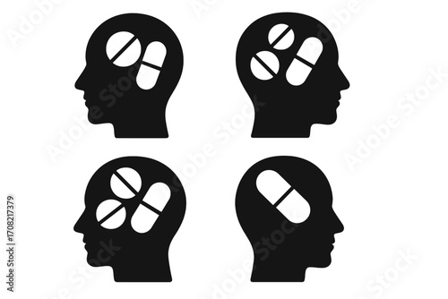 Pills in head silhouette icon set. Concept for mental health, medication, psychology, treatment. Drugs for anxiety, depression, addiction, headache, stress, vitamins.