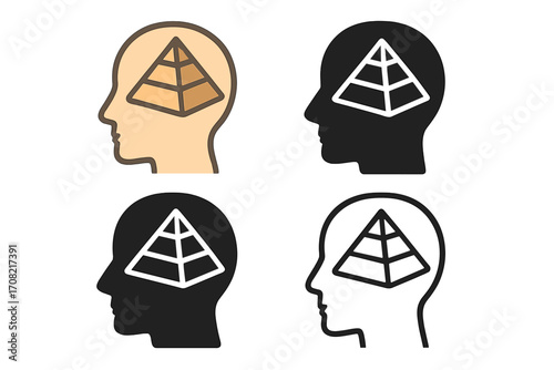Maslow hierarchy of needs pyramid in head icon set. Psychology concept of human motivation, growth, self-actualization. Vector illustration for business, marketing.