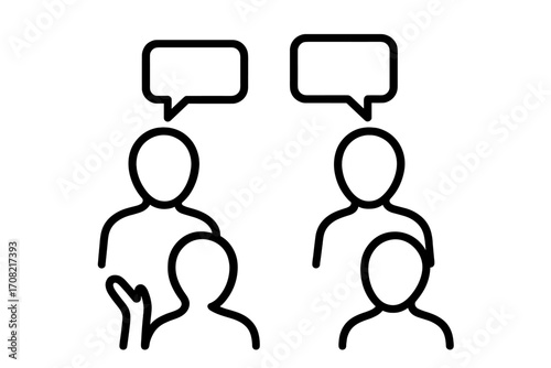 Family communication, parent-child dialogue concept. Psychology, therapy, or counseling session icon. Minimalistic faceless people talking. Adult and kid with speech bubbles.