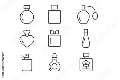 Perfume bottles line icon set. Fragrance, scent, and cologne outline symbols. Vector cosmetic container, spray, and atomizer collection. Editable stroke for beauty design.