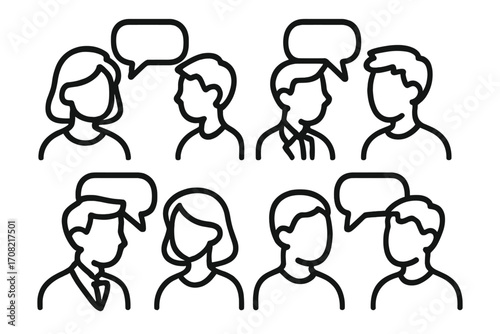 Communication icon set. People talking. Faceless man woman head profile with speech bubble. Teamwork dialogue concept. Vector avatar for social media, forum, feedback, chat.