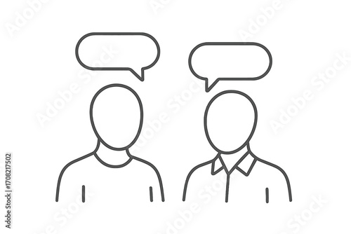 Two people talking icon. Minimalist outline vector of faceless persons with speech bubbles. Concept for communication, dialogue, discussion, interview, therapy, or advice.
