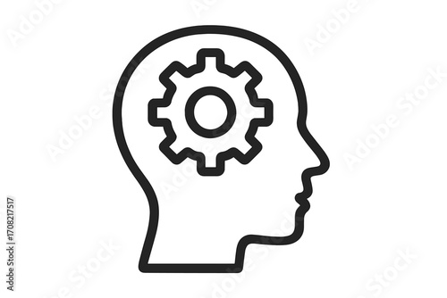Head with gear icon representing thinking process, brainstorming, and new ideas. Metaphor for mental health, psychology, innovation, problem-solving, and finding solutions.
