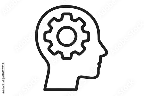 Head silhouette with gear. Thinking process icon. Concept of mind mechanics, strategy, solution, creativity. Psychology, mental health, and intelligence symbol. Vector line art.