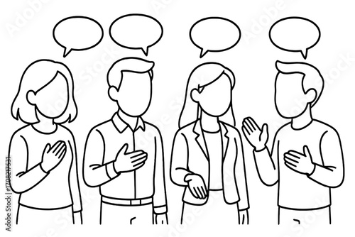 Faceless people talking. Outline vector of group discussion and communication. Concept for teamwork, dialogue, honesty, public speaking, debate, or sincere conversation.