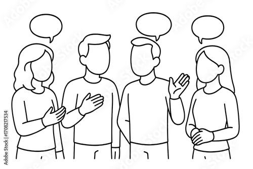Group of faceless people talking. Communication, dialogue, discussion concept. Outline vector illustration. Teamwork, meeting, brainstorming, social interaction. Anonymous characters.