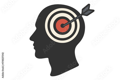 Target audience concept with head and dartboard. Metaphor for goal achievement, business strategy, and marketing focus. Psychology of success and hitting the mark perfectly.