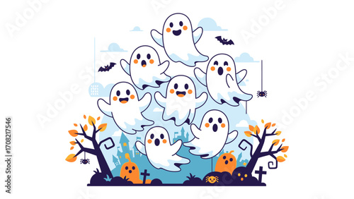 Spirited Halloween Gathering: A cheerful gathering of spectral figures floats amidst spooky scenery, with smiling expressions and playful antics, representing the playful spirit of Halloween.