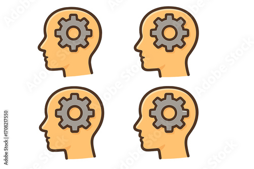 Head with gear icon for thinking process, settings. Brainstorming & problem solving metaphor. Psychology & mental health concept. Human mind, intelligence, creativity vector set.