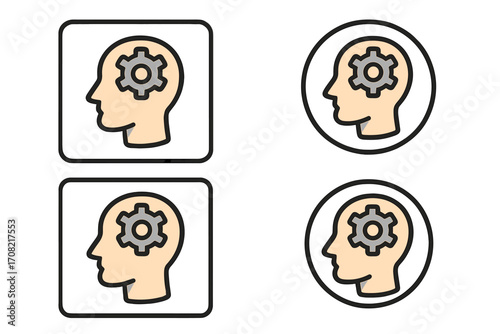Thinking process icon set. Head with gear symbol for innovation, strategy, and psychology. Mental health, mindset, and brainstorming concept. Vector illustration for interface.