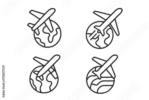 Airplane flying over planet Earth line icon collection. Global travel, international flight, and world tour concept. Simple journey and vacation symbols for transport business.