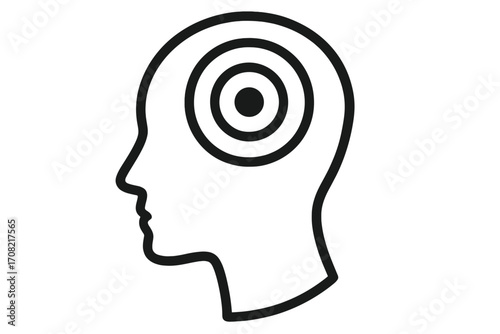 Head with a target inside as a metaphor for focus, goal, and concentration. Concept for mental health, psychology, stress, or headache. Business marketing goal vector icon.