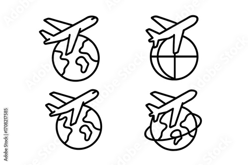 Airplane and globe line icon set. World travel, international flight, global logistics, and tourism concept. Simple outline vector symbols for web and apps. Editable stroke.