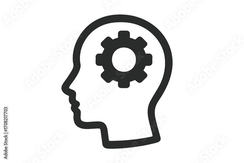Metaphor for thinking process and mental work. Head with gear inside. Concept for brainstorming, problem solving, innovation, strategy, psychology, logic and creative ideas.